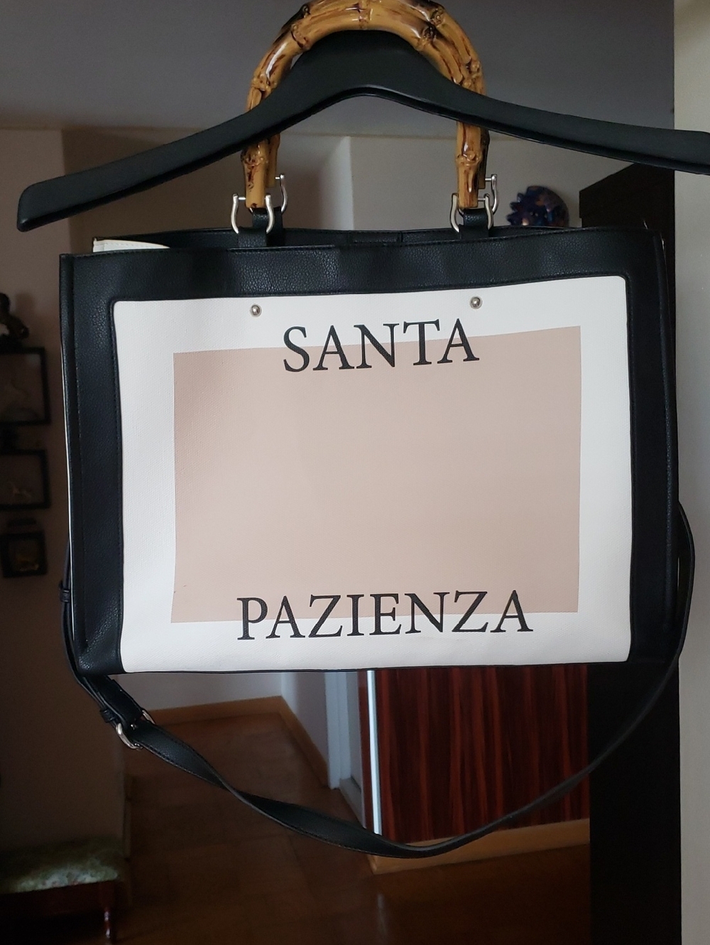 Black & Cream Satchel with Bamboo Handles -